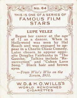 1933 Wills's Famous Film Stars (Medium Size) #64 Lupe Velez Back