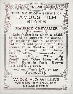 1933 Wills's Famous Film Stars (Medium Size) #66 Maurice Chevalier Back