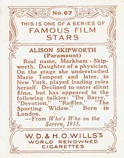 1933 Wills's Famous Film Stars (Medium Size) #67 Alison Skipworth Back