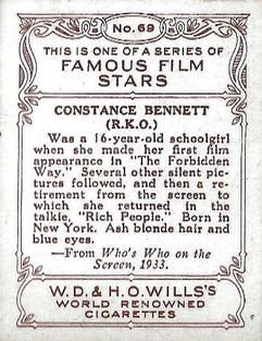 1933 Wills's Famous Film Stars (Medium Size) #69 Constance Bennett Back
