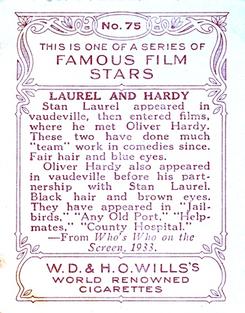 1933 Wills's Famous Film Stars (Medium Size) #75 Stan Laurel / Oliver Hardy Back