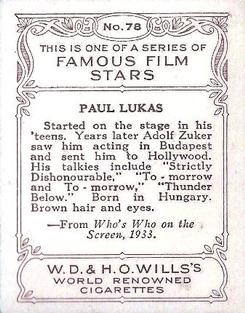 1933 Wills's Famous Film Stars (Medium Size) #78 Paul Lukas Back