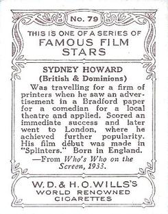 1933 Wills's Famous Film Stars (Medium Size) #79 Sydney Howard Back