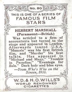1933 Wills's Famous Film Stars (Medium Size) #80 Herbert Marshall Back