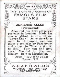1933 Wills's Famous Film Stars (Medium Size) #87 Adrianne Allen Back