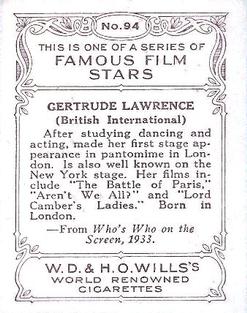 1933 Wills's Famous Film Stars (Medium Size) #94 Gertrude Lawrence Back