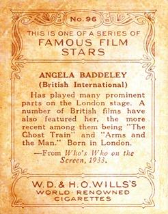 1933 Wills's Famous Film Stars (Medium Size) #96 Angela Baddeley Back