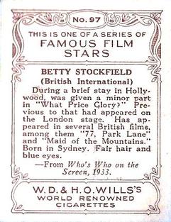 1933 Wills's Famous Film Stars (Medium Size) #97 Betty Stockfield Back