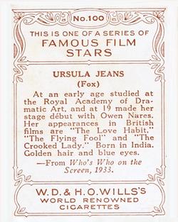 1933 Wills's Famous Film Stars (Medium Size) #100 Ursula Jeans Back