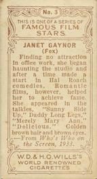 1933 Wills's Famous Film Stars (Small Images) #3 Janet Gaynor Back