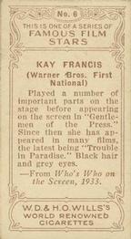 1933 Wills's Famous Film Stars (Small Images) #6 Kay Francis Back