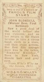 1933 Wills's Famous Film Stars (Small Images) #10 Joan Blondell Back