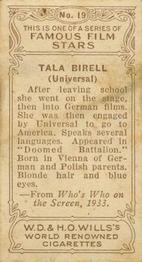 1933 Wills's Famous Film Stars (Small Images) #19 Tala Birell Back