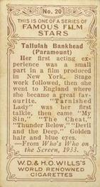 1933 Wills's Famous Film Stars (Small Images) #20 Tallulah Bankhead Back