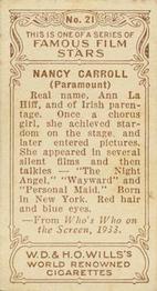 1933 Wills's Famous Film Stars (Small Images) #21 Nancy Carroll Back