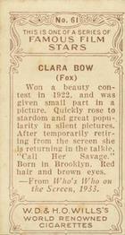 1933 Wills's Famous Film Stars (Small Images) #61 Clara Bow Back