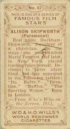 1933 Wills's Famous Film Stars (Small Images) #67 Alison Skipworth Back