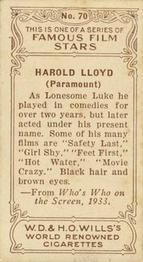 1933 Wills's Famous Film Stars (Small Images) #70 Harold Lloyd Back