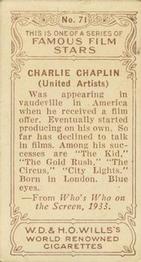 1933 Wills's Famous Film Stars (Small Images) #71 Charlie Chaplin Back