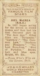 1933 Wills's Famous Film Stars (Small Images) #72 Joel McCrea Back