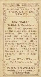 1933 Wills's Famous Film Stars (Small Images) #92 Tom Walls Back
