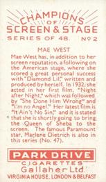 1934 Gallaher Park Drive Champions of Screen & Stage #2 Mae West Back