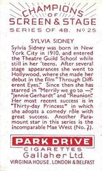 1934 Gallaher Park Drive Champions of Screen & Stage #25 Sylvia Sidney Back