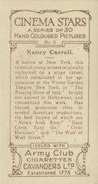 1934 Cavanders Army Club Cigarettes Cinema Star #6 Nancy Carroll Back