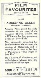1934 Godfrey Phillips Film Favourites #27 Adrianne Allen Back