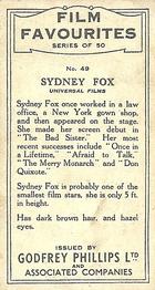 1934 Godfrey Phillips Film Favourites #49 Sidney Fox Back