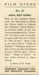 1934 Godfrey Phillips Film Stars #21 Anna May Wong Back
