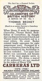 1935 Carreras Celebrities of British History #1 Thomas Becket Back