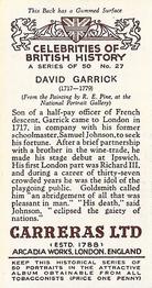 1935 Carreras Celebrities of British History #27 David Garrick Back