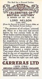 1935 Carreras Celebrities of British History #34 Lord Nelson Back