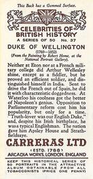 1935 Carreras Celebrities of British History #37 Duke of Wellington Back