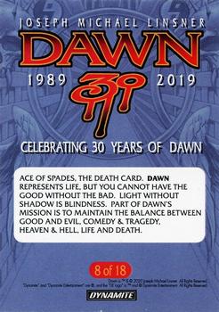 2020 Dynamite Joseph Michael Linsner’s Dawn 30th Anniversary #8 Ace of Spades, the Death card.  Dawn represents life, but you cannot have... Back