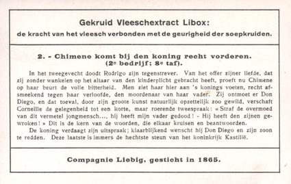 1936 Liebig De Cid, Treurspel door Corneille (El Cid ,Tragedy by Corneille) (Dutch Text) (F1326, S1337) #2 Chimene komt recht vorderen Back