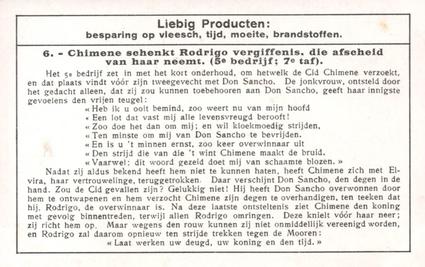 1936 Liebig De Cid, Treurspel door Corneille (El Cid ,Tragedy by Corneille) (Dutch Text) (F1326, S1337) #6 Chimene schenkt Rodrigo vergiffenis Back