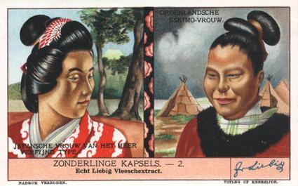 1938 Liebig Zonderlinge Kapsels (Women's Hairstyles) (Dutch Text) (F1380, S1340) #2 Japansche vrouw van het meer verfijnde type / Groenlandsche Eskimo-vrouw Front