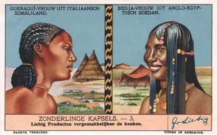 1938 Liebig Zonderlinge Kapsels (Women's Hairstyles) (Dutch Text) (F1380, S1340) #3 Goeragui-vrouw uit Italiaansch Somaliland / Bedja-vrouw uit Anglo-Egyptisch Soedan Front