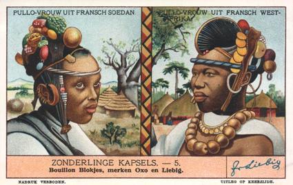 1938 Liebig Zonderlinge Kapsels (Women's Hairstyles) (Dutch Text) (F1380, S1340) #5 Pullo-vrouw uit Fransch Soedan / Pullo-vrouw uit Fransch West-Afrika Front