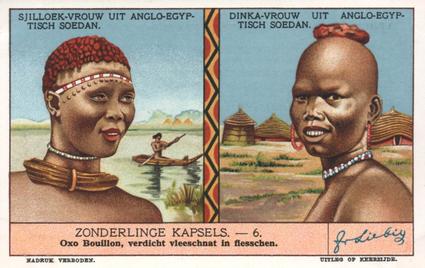 1938 Liebig Zonderlinge Kapsels (Women's Hairstyles) (Dutch Text) (F1380, S1340) #6 Sjilloek-vrouw uit Anglo-Egyptisch Soedan / Dinka-vrouw uit Anglo-Egyptisch Soedan Front