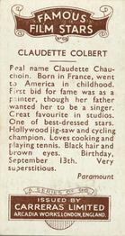 1935 Carreras Famous Film Stars #68 Claudette Colbert Back