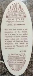 1934 Carreras Film Stars #54 Lionel Barrymore Back