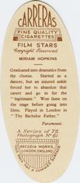 1934 Carreras Film Stars #61 Miriam Hopkins Back