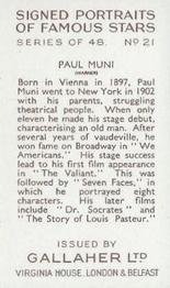 1935 Gallaher Signed Portraits of Famous Stars #21 Paul Muni Back