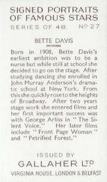 1935 Gallaher Signed Portraits of Famous Stars #27 Bette Davis Back