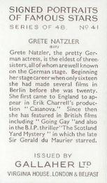 1935 Gallaher Signed Portraits of Famous Stars #41 Grete Natzler Back