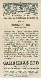 1936 Carreras Film Stars #9 Richard Dix Back