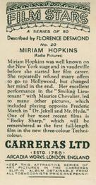 1936 Carreras Film Stars #20 Miriam Hopkins Back